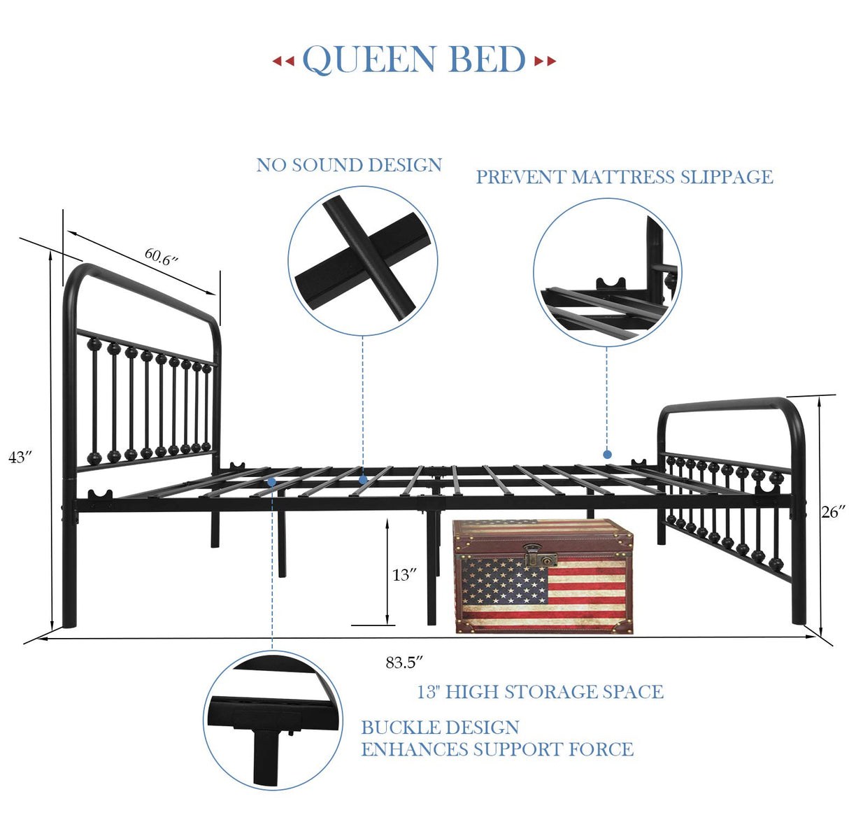 YALAXON Vintage Sturdy Queen Size Metal Bed Frame with Headboard & Footboard - No Box Spring Needed, Black YALAXON