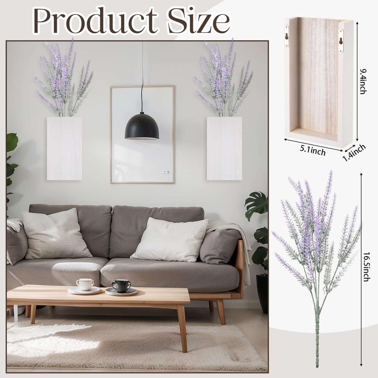 Vesici 2 Pack Wood Wall Planter Vase with Artificial Plants Indoor Plants Holder Pocket Farmhouse Wooden Vases Wall Flower Vase Hanging Plant Decor for Bedroom Kitchen Office Home (White,Lavender) Vesici