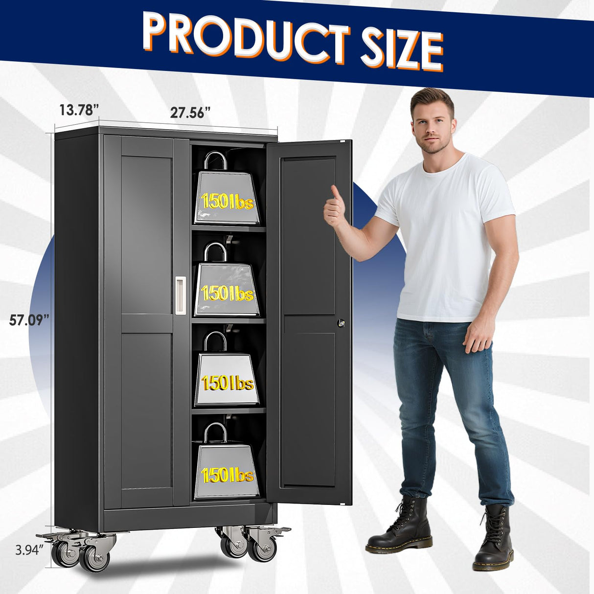 erosoei 61" H Metal Garage Storage Cabinet, Rolling Tool Cabinet with 2 Doors and Wheels, Locker Steel Cabinet with 3 Adjustable Shelves, Organization Cabinet for Garage,Office,Home,Gym,School(Black) erosoei