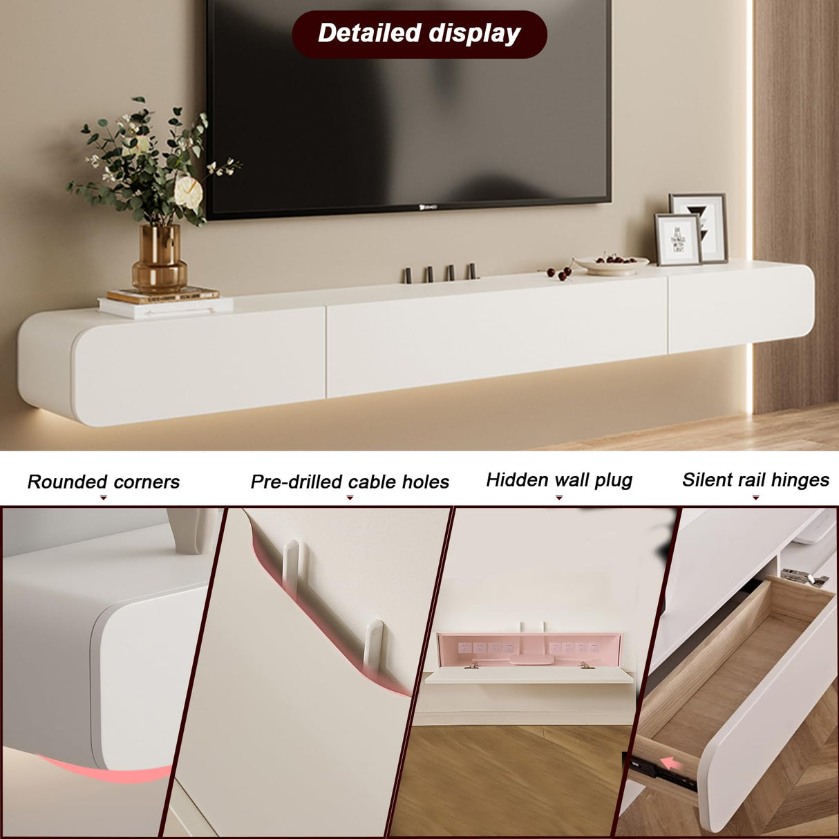 FPIGSHS Wall Mounted Media Console with 2 Drawers Solid Wood Floating TV Stand Hanging TV Shelf Entertainment Center TV Cabinet, for Home Office (B, 160CM/63IN) FPIGSHS