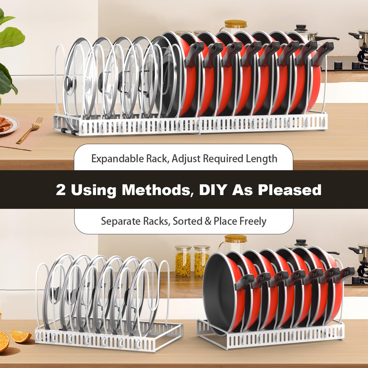 Housolution Pot and Pan Organizer Rack for Cabinet, Upgraded Expandable Pot Lid Organizer with 14 Adjustable Dividers, Pan Holder Storage Rack for Kitchen Cabinet, White Housolution