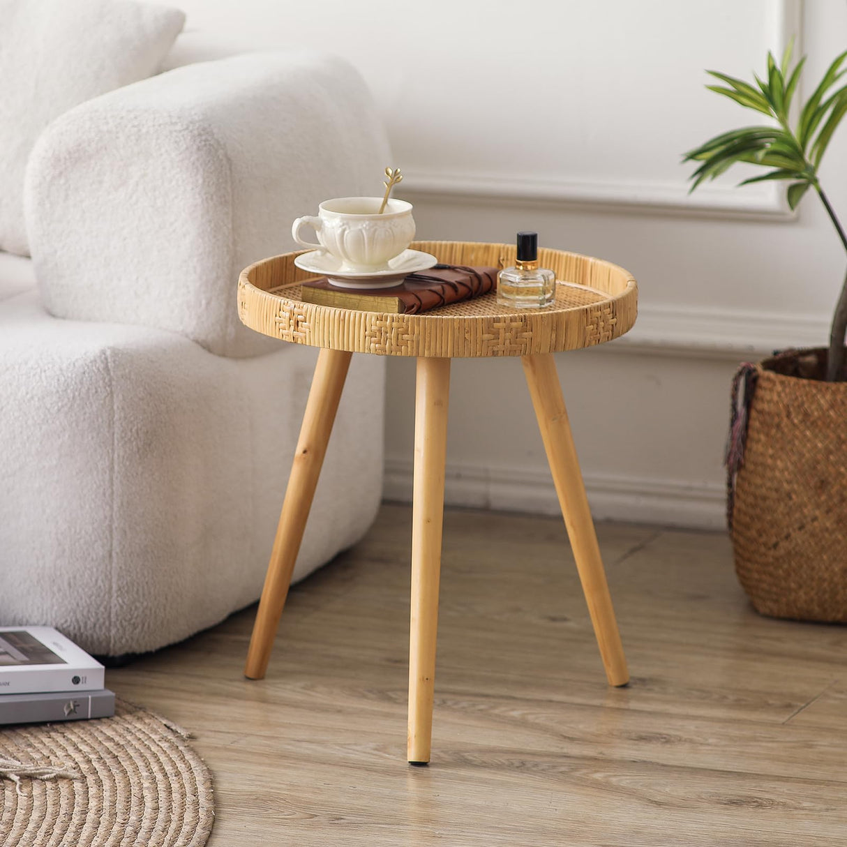 HuiDao Round Side Table, Boho Circle End Table Coffee Table with Solid Wood Leg, Rattan Side Tables Living Room for Small Spaces, Bedroom, Corners