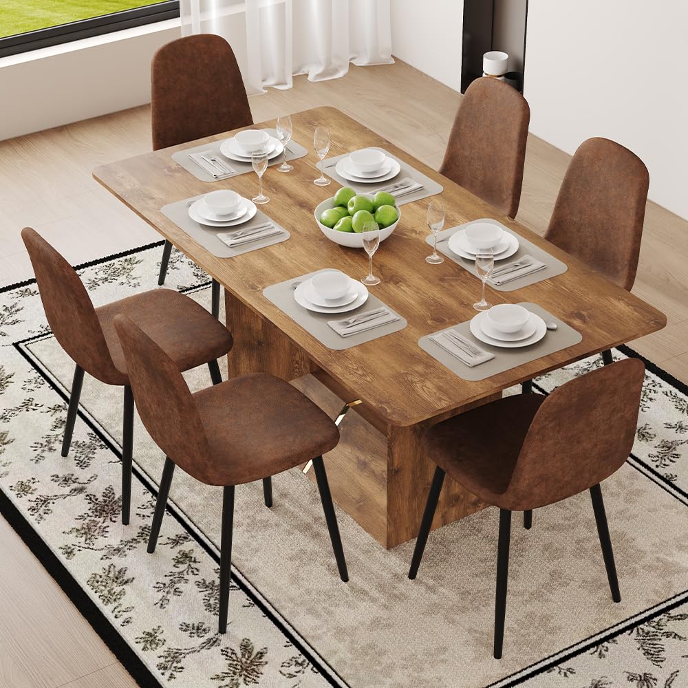 Vohuai 63'' Wood Dining Table Set for 6|Ideal for Kitchen Dining Room|Mid Century Modern Dining Room Set|Farmhouse Kitchen Table Chairs Set|U-Shaped Base|Comfortable Suede Chairs|Easy Assembly Vohuai