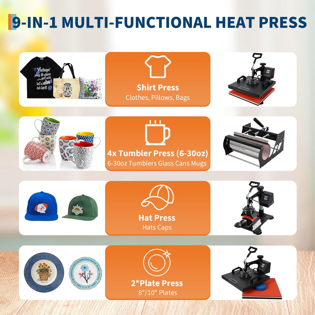 Pro 9 in 1 Heat Press 15x15 Inch 30OZ Tumbler Press, 360-Degree Swing Away Digital Tshirt Press Multifunction Heat Transfer Machine Sublimation for T-Shirt Tumbler Mug Hat Cap Plate PioneerWorks