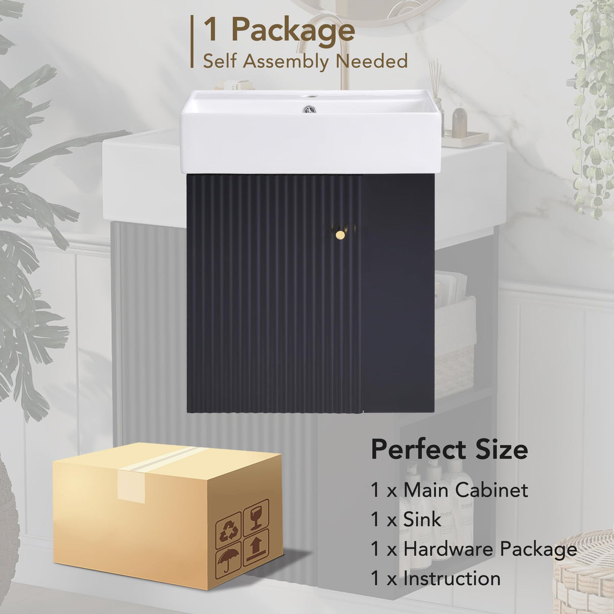 Merax 20" Bathroom Vanities with Sink Top, Wall Mounted Floating Sink Cabinet, Bathroom Cabinet with Doors & Side Storage, Soft-Close System, Black Merax