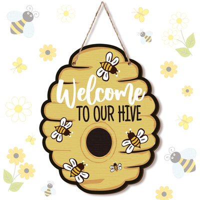 Pinkunn Welcome to Our Hive Bee Wall Plaque Honey Bee Hanging Welcome Signs Wooden Honeycomb Decor Farmhouse Bee Hive Decor for Home Wall Front Door Porch Garden Shop Indoor Outdoor Decoration