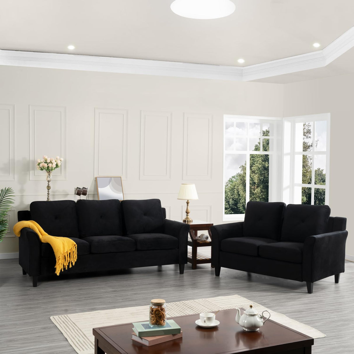 Naomi Home Black Button Tufted Sofa & Loveseat Set, Black Modern Microfiber Furniture for Small Spaces, Durable and Sturdy, Tool-Free Assembly, Affordable Living Room Sofa Cama, Stylish and Compact Naomi Home