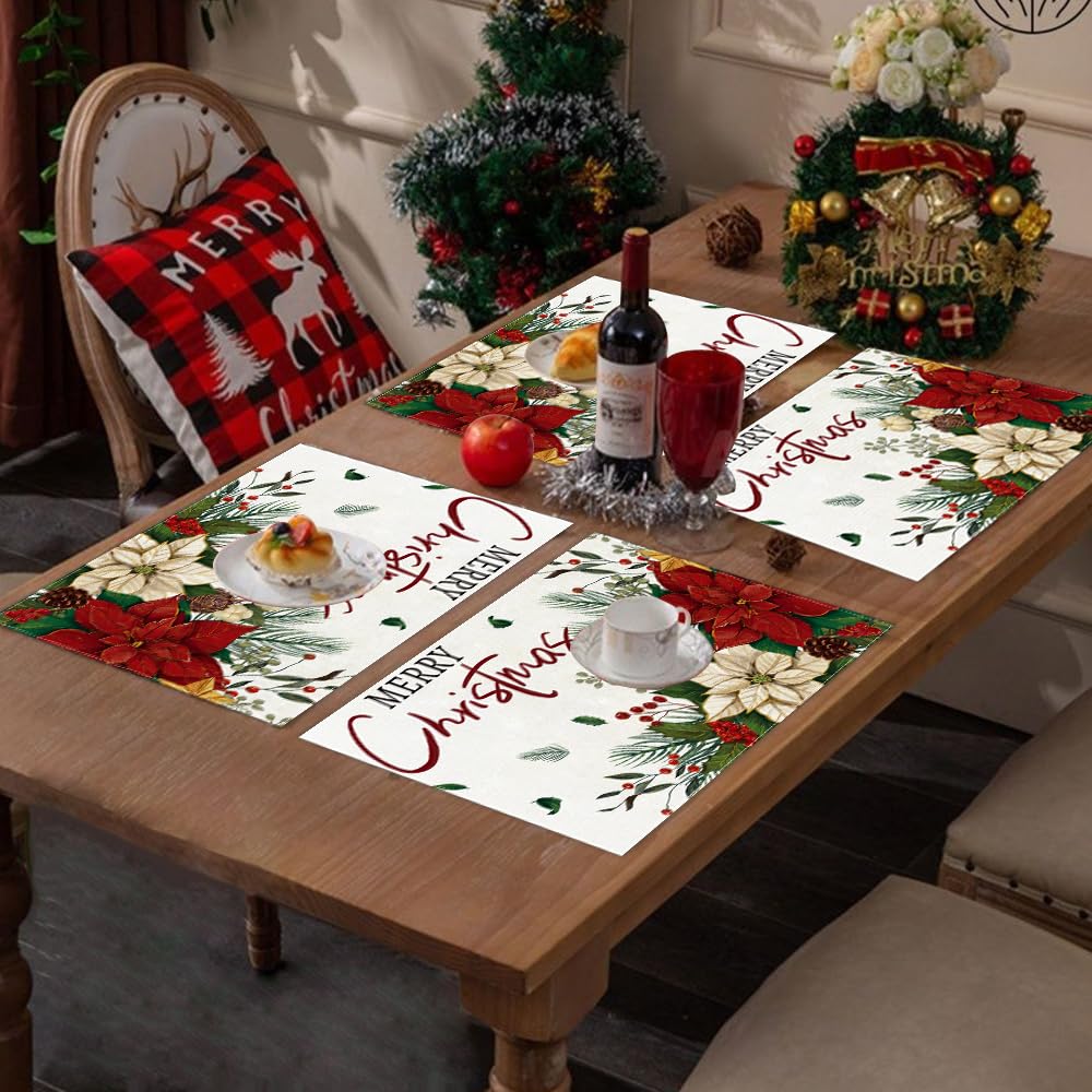 Heirloom Haven 4PCS Merry Christmas Placemats 12x18 inch Red Floral Holly Seasonal Winter Place Mats Rustic Plastic Christmas Table Mats for Kitchen Dining Indoor Home Party Decoration Heirloom Haven