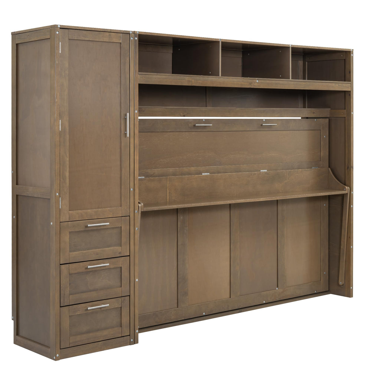 FAVSH Full Size Murphy Bed with Wardrobe, Drawers & Open Shelves,Wall Bed with Long Shelf/Desk, Space-Saving Hidden Bed, Fold-The-Way Bed for Small Rooms,Antique Wood FAVSH