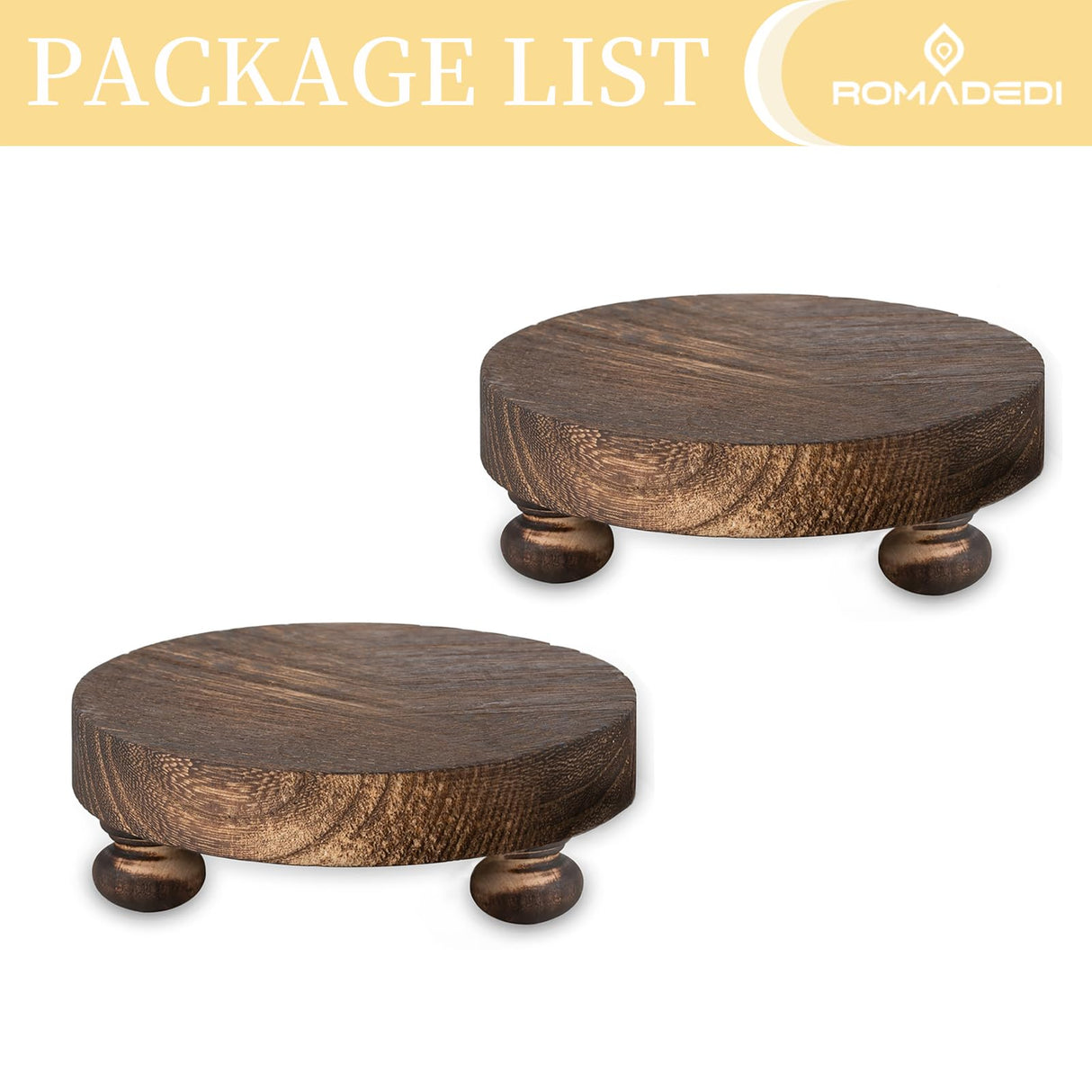 Romadedi Farmhouse Wood Riser for Display- 2 pcs Rustic Decor Mini Wooden Pedestal Decorative Round Tray for Home Table Bathroom Counter Shelf Kitchen, Brown Romadedi