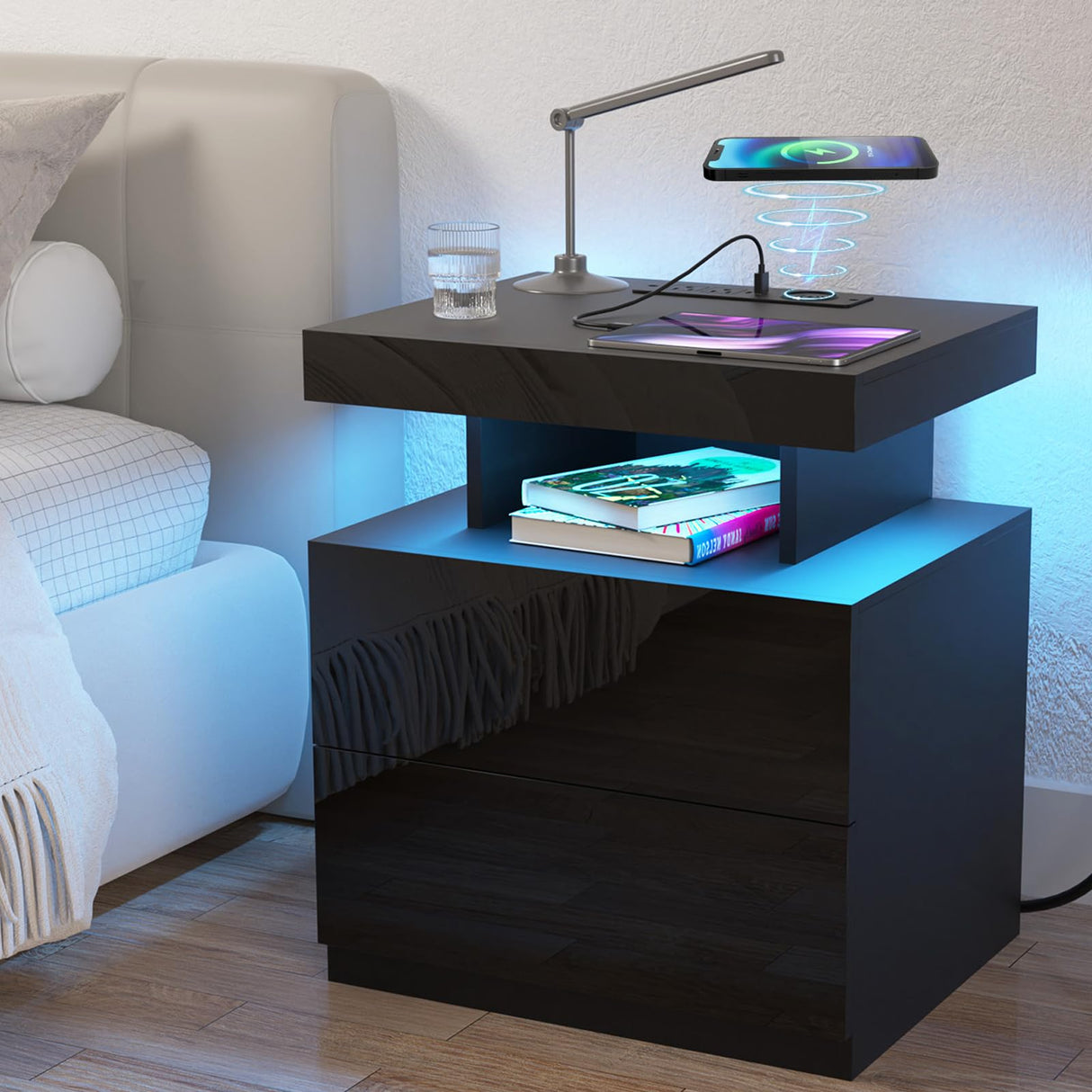 HOMMPA LED Nightstand with Wireless Charging Station & USB Ports, Modern Bedside Table, Black Night Stand with Open Compartment, Smart Nightstand High Gloss Surface for Bedroom HOMMPA