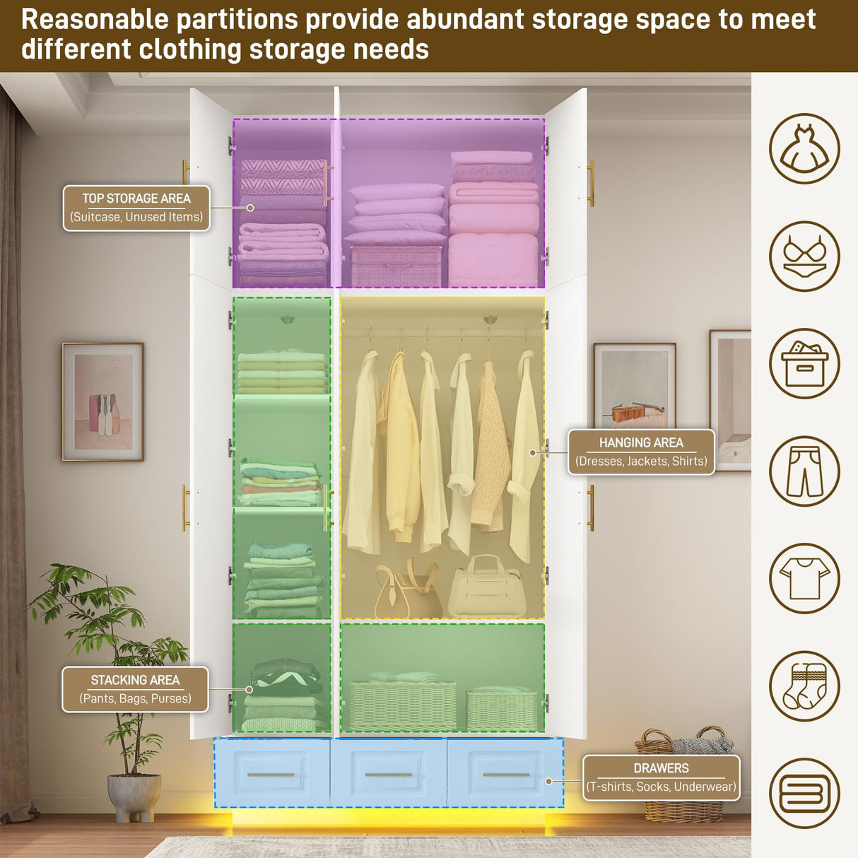 Hlivelood Large Armoire Wardrobe Closet Cabinet with Drawers and LED Lights, Multi-Tier Shelves, Hanging Rod, Large Capacity Storage 3 Door Wardrobe Armoire with Top Cabinet for Bedroom, White Hlivelood
