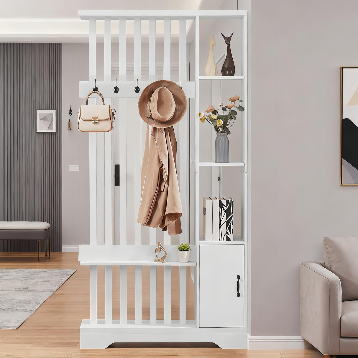 Room Divider with Shelves, Wall Room Divider Bookshelf, Freestanding Wood Privacy Screen with Storage Cabinet, Coat Rack, Display Shelf for Living Room Separation, Home Office Decorative (White) SAHISTCT