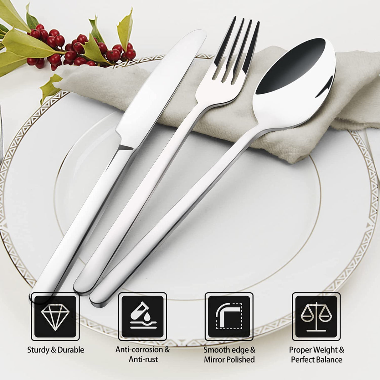KINGSTONE Silverware Set, 20 Piece Flatware Cutlery Set for 4, 18/10 Stainless Steel Silverware Mirror Polished Dishwasher Safe for Home, Restaurant, Wedding, Party(Silver, 20 pieces for 4) KINGSTONE