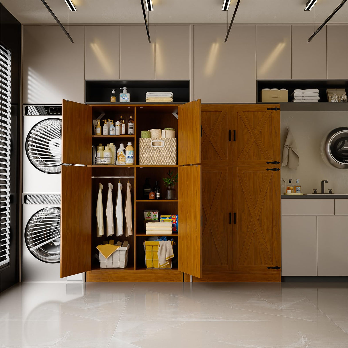 Unikito 71'' Farmhouse Wardrobe Closet with Hanging Rod, 4 Barn Door Storage Cabinet with Adjustable Shelves, Freestanding Closet Wardrobe Cabinet for Bedroom Living Room Office, Highland Oak Unikito