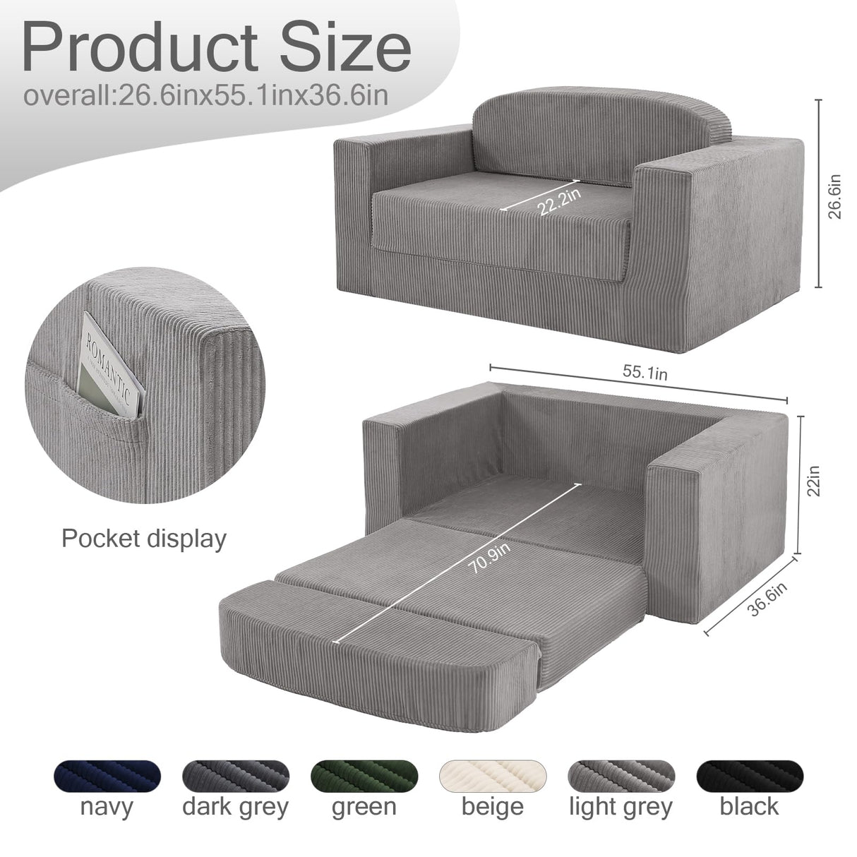 MeMoreCool Convertible Sofa Bed, Pull Out Loveseat Sleeper Sofa, Small Boneless Cloud Couch Bed for Adults, Fold Out Foam Love Seat Grey, Corduroy Folding Floor Couch for Bedroom MeMoreCool