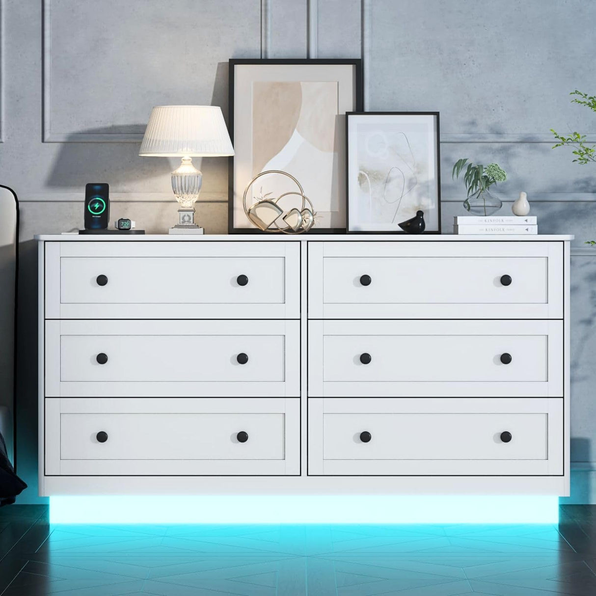 Loomie 6 Drawer Dresser with Power Outlet, Modern Chest of Drawers with Led Light, Double Wide Drawer Organizer Cabinet, Dresser for Bedroom, Living Room, Entryway (White) Loomie