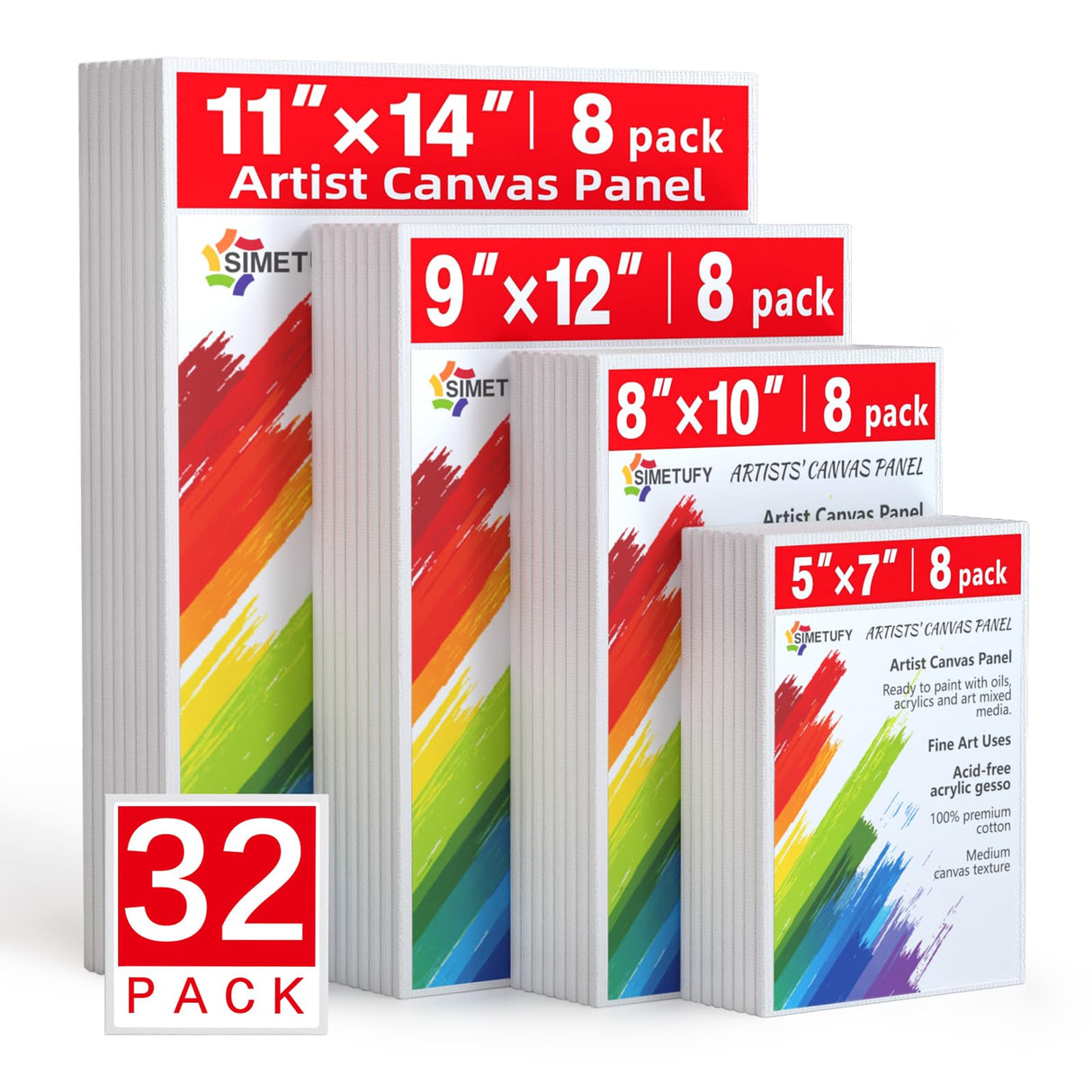 Simetufy Canvas for Painting 32 Pack Paint Canvas Boards for Kids 8pcs of Each 5x7, 8x10, 9x12, 11x14 100% Cotton for Acrylic Watercolor Paint Simetufy