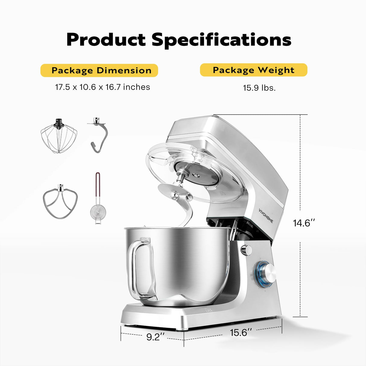 VIVOHOME 7.5 Quart Stand Mixer, 660W 6-Speed Tilt-Head Kitchen Electric Food Mixer with Beater, Dough Hook, Wire Whip, and Egg Separator, Silver VIVOHOME