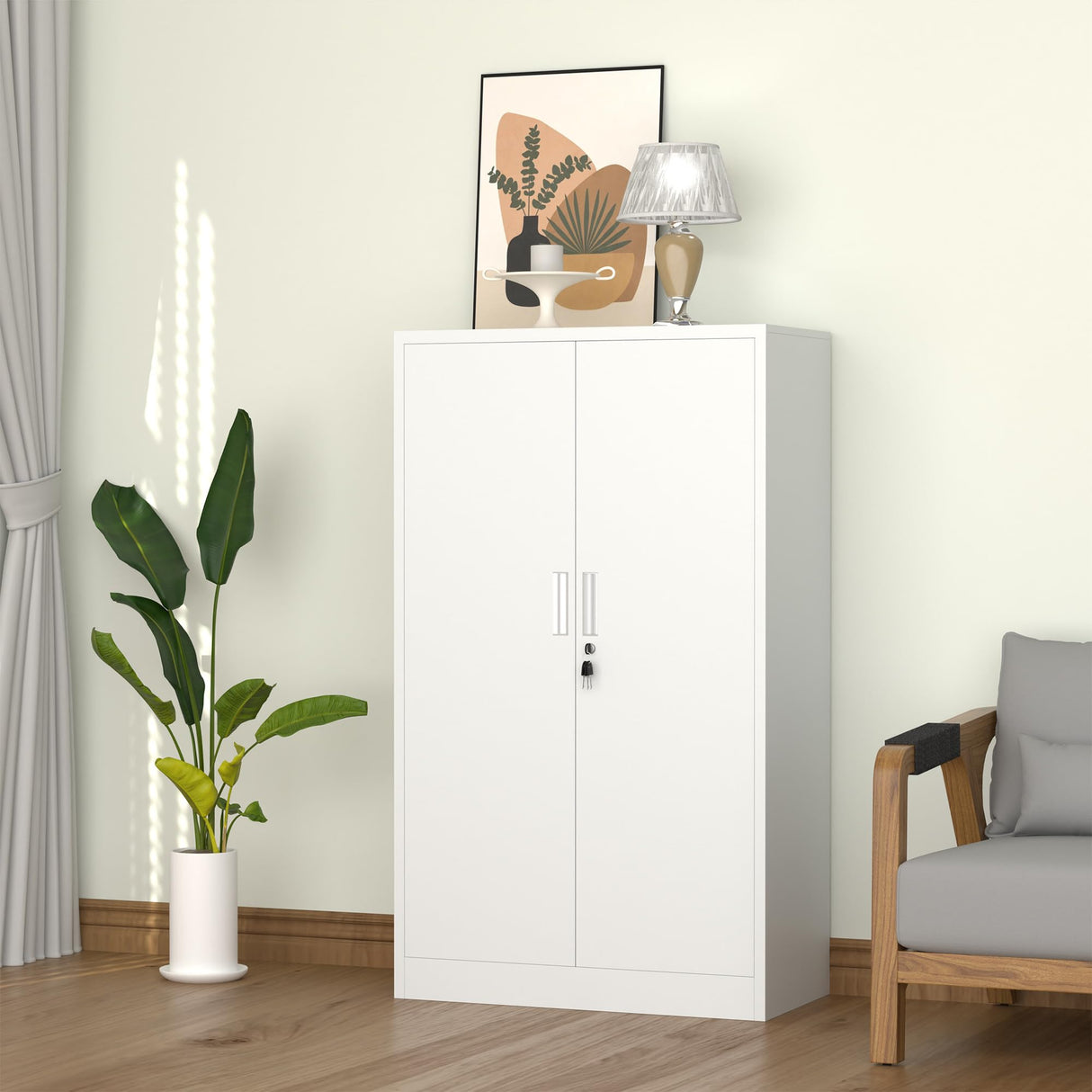 iJINGUR Metal Storage Cabinet with Locking Doors and Adjustable Shelves, 53.5-Inch Tall Lockable Storage Cabinets for Home Office Garage Kitchen Pantry (White) iJINGUR