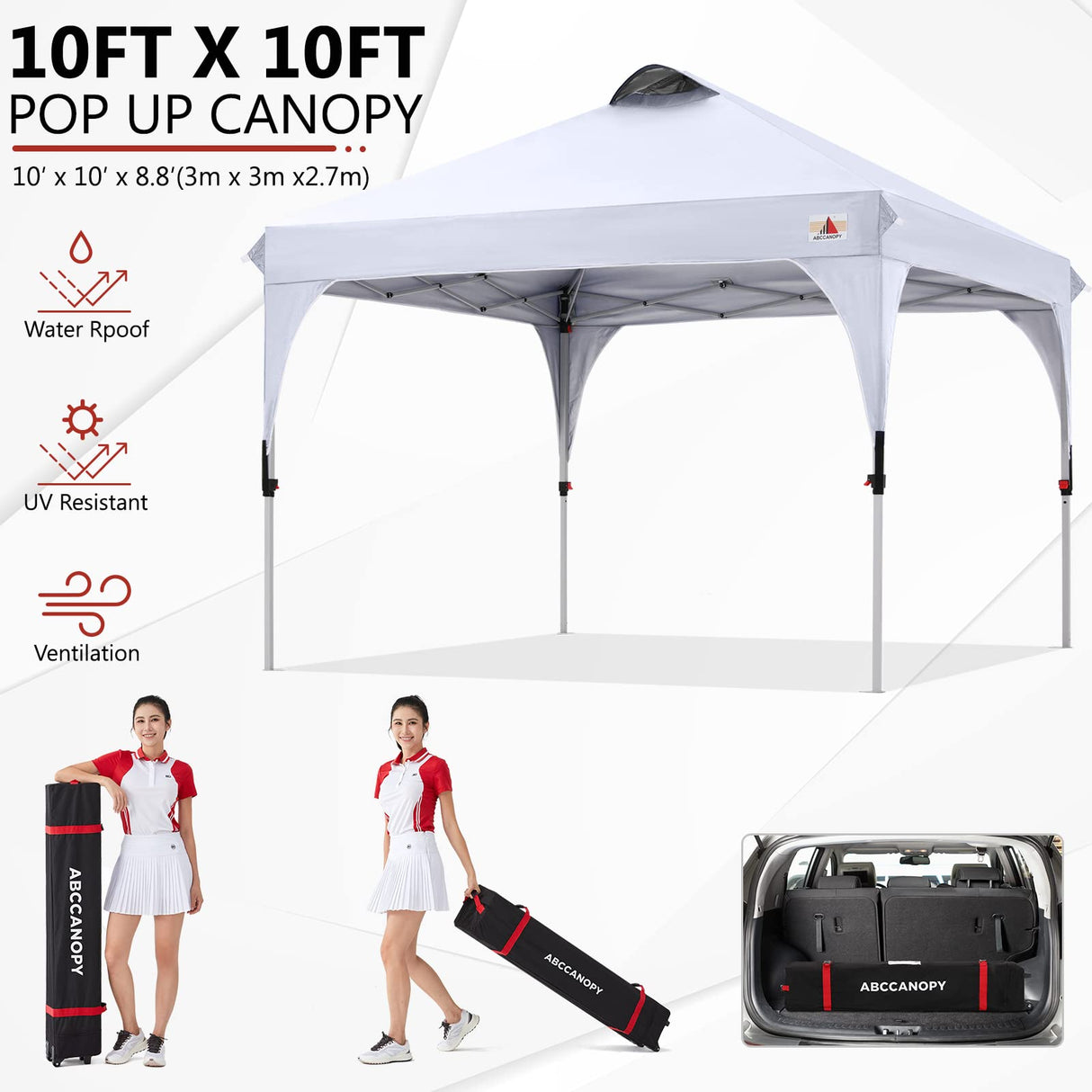 ABCCANOPY 10x10FT Canopy Tent 1-Person Setup,Portable Instant Sun Shelter with 4 Weight Bags(White) ABCCANOPY