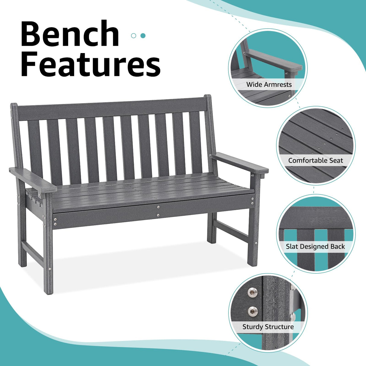COBANA Dark Gray Outdoor Garden Bench – Durable All-Weather HDPE Patio Seating for 2-3 People COBANA