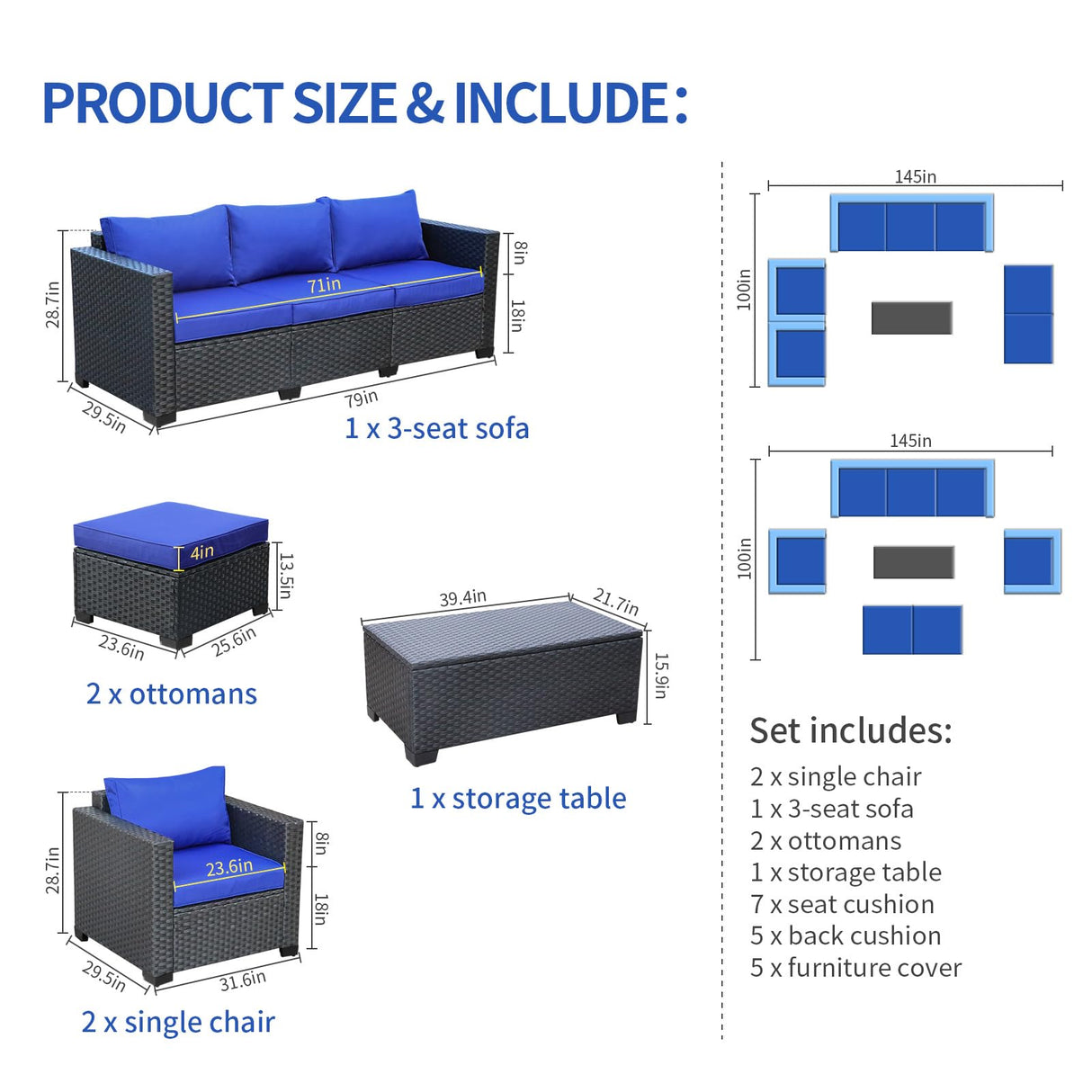 6 Pieces Patio Wicker Furniture Set Outdoor PE Rattan Conversation Couch Sectional Chair Sofa Set with Royal Blue Cushions Rattaner