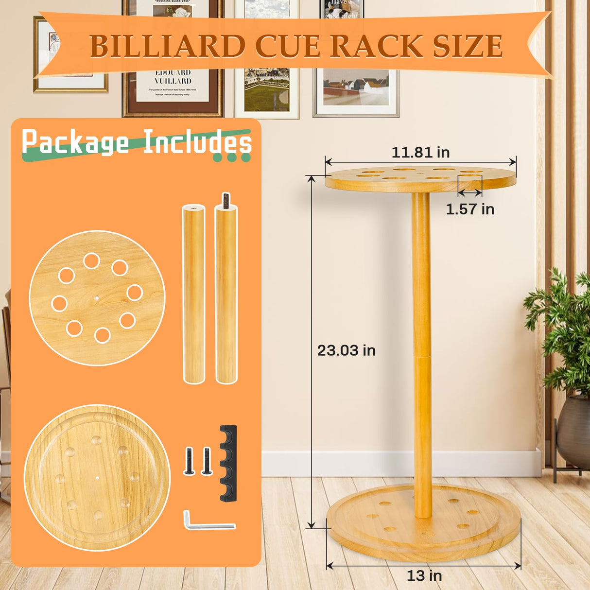 Jolensoy Pool Stick Holder Floor Stand - Round Billiard Cue Rack Pool Table Accessories Holds 8 Pool Cues, Wooden Freestanding Pool Cue Rack Billiards Table Stand for Game Room Billiard Room Decor Jolensoy