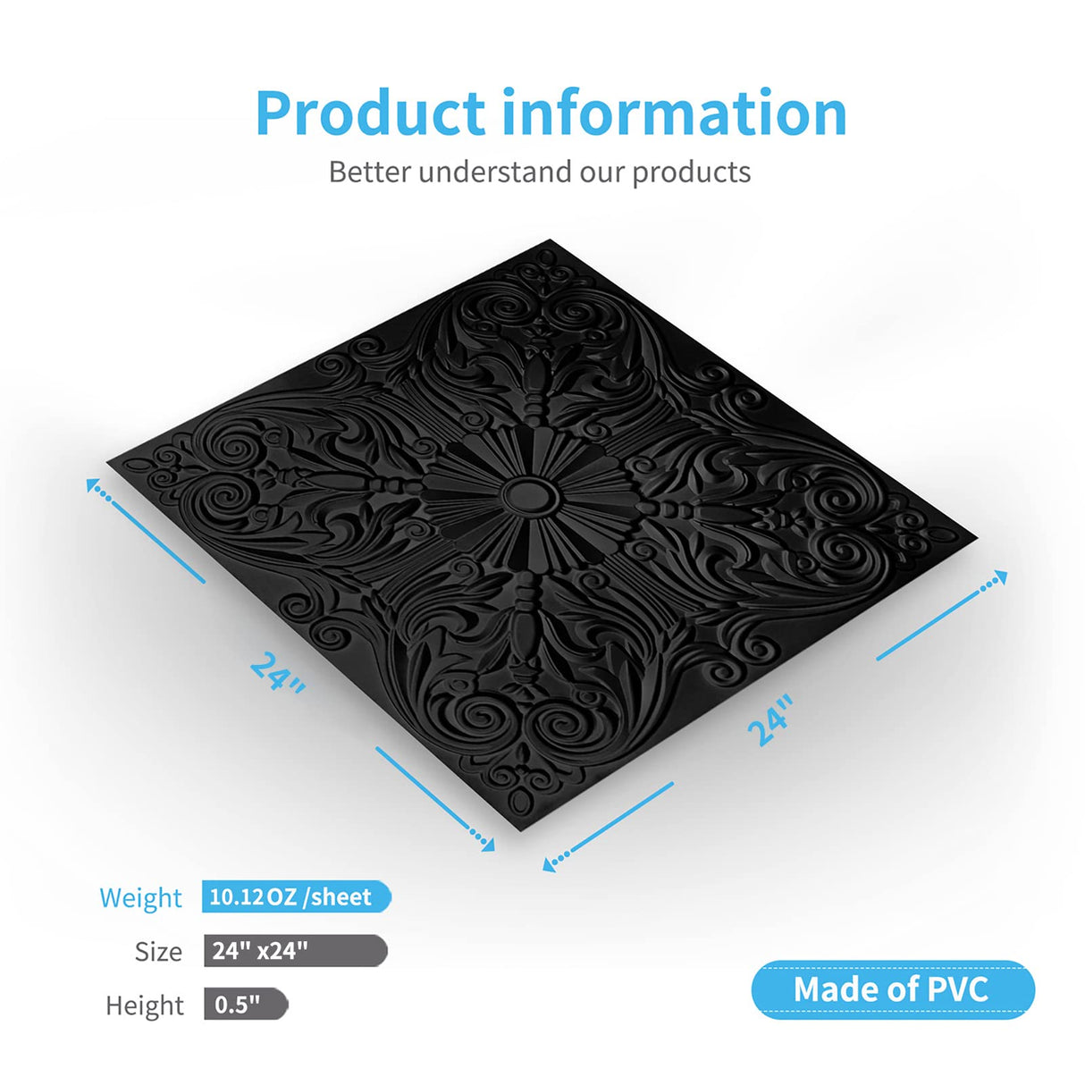 Art3d Decorative Ceiling Tile 2x2 Glue up, Lay in Ceiling Tile 24x24 Pack of 12pcs Spanish Floral in Black Art3d