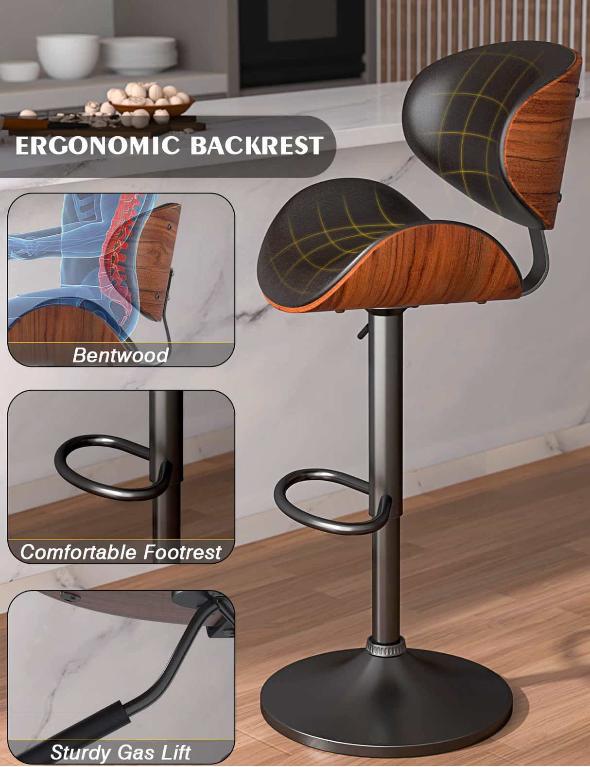 YaFiti Swivel Bar Stools Set of 2 for Kitchen Counter, Adjustable Bentwood Barstools, Modern PU Leather Upholstered Bar Chair with Back and Footrest, for Bar, Kitchen, Dining Room, Black YaFiti