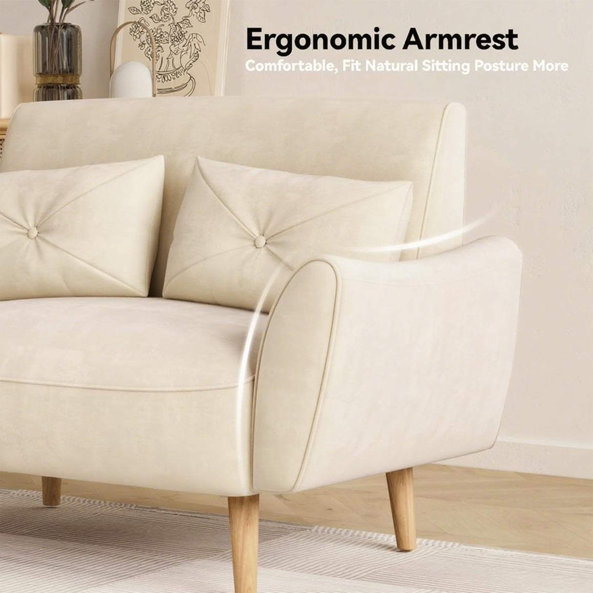 Brelice Loveseat Sofa, 47" Velvet Couch for Bedroom, Convertible Wooden Tray & Ergonomic Armrest, for Small Space, Apartment, Living Room, Home Office, Easy Assembly, Beige Brelice