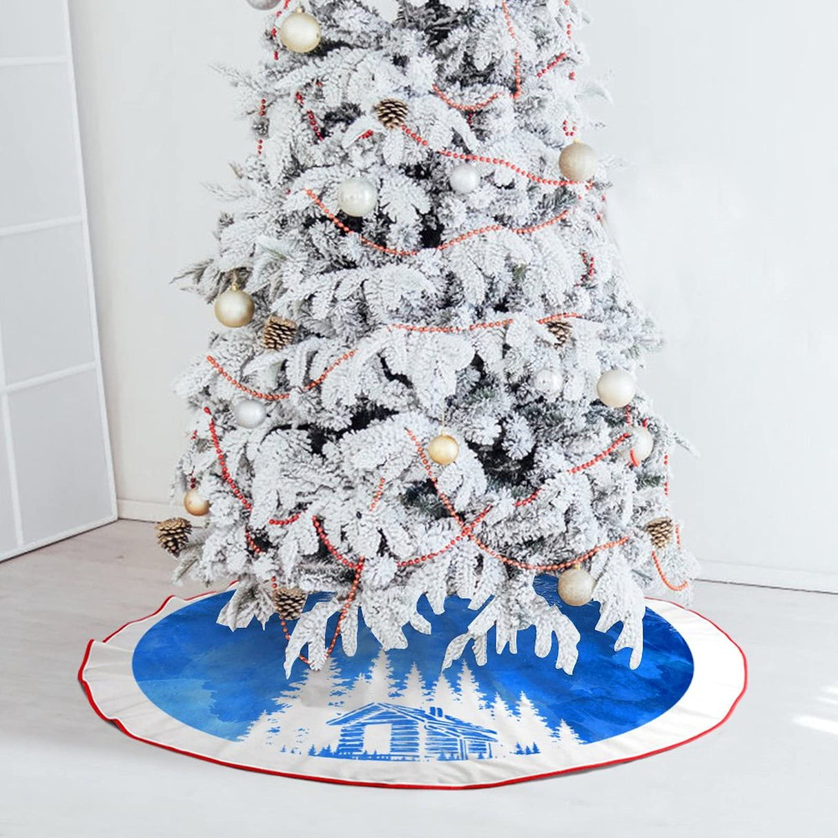 48 Inches Blue Christmas Tree Skirt Rustic Thick Xmas Tree Skirt with Snowflake Winter Happy New Year Decoration for Home Holiday Party OWCRNEF