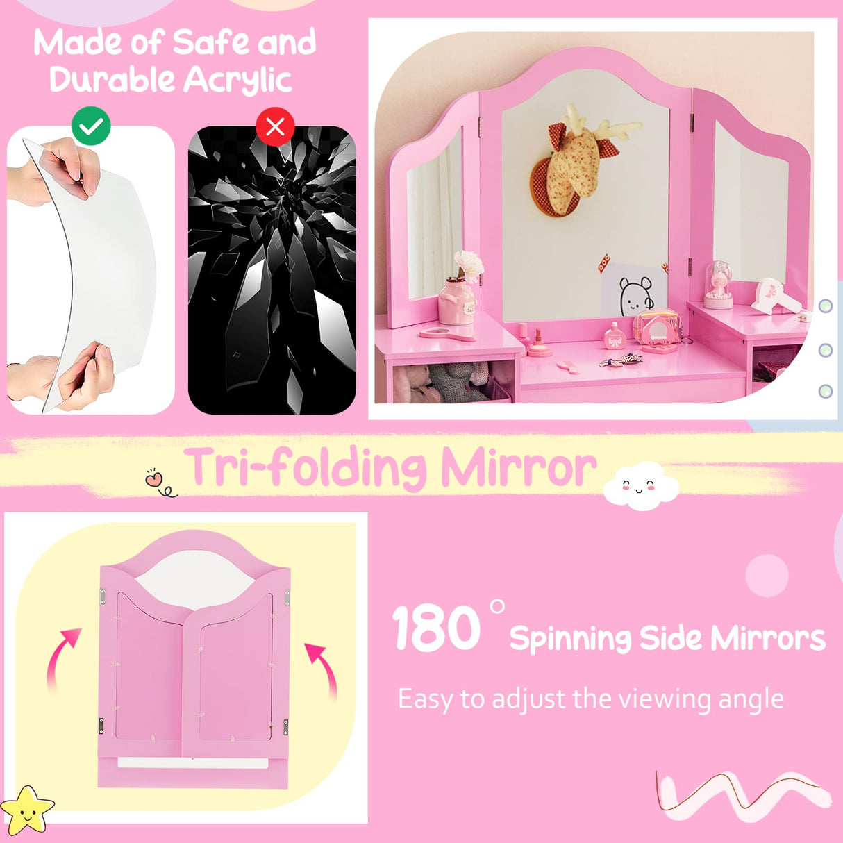 Costzon Kids Vanity, 2 in 1 Princess Makeup Desk & Chair Set with Tri-Folding Mirror, 4 Storage Bins, Wooden Toddler Vanity Dressing Table, Pretend Play Vanity Set for Little Girls (Pink) Costzon