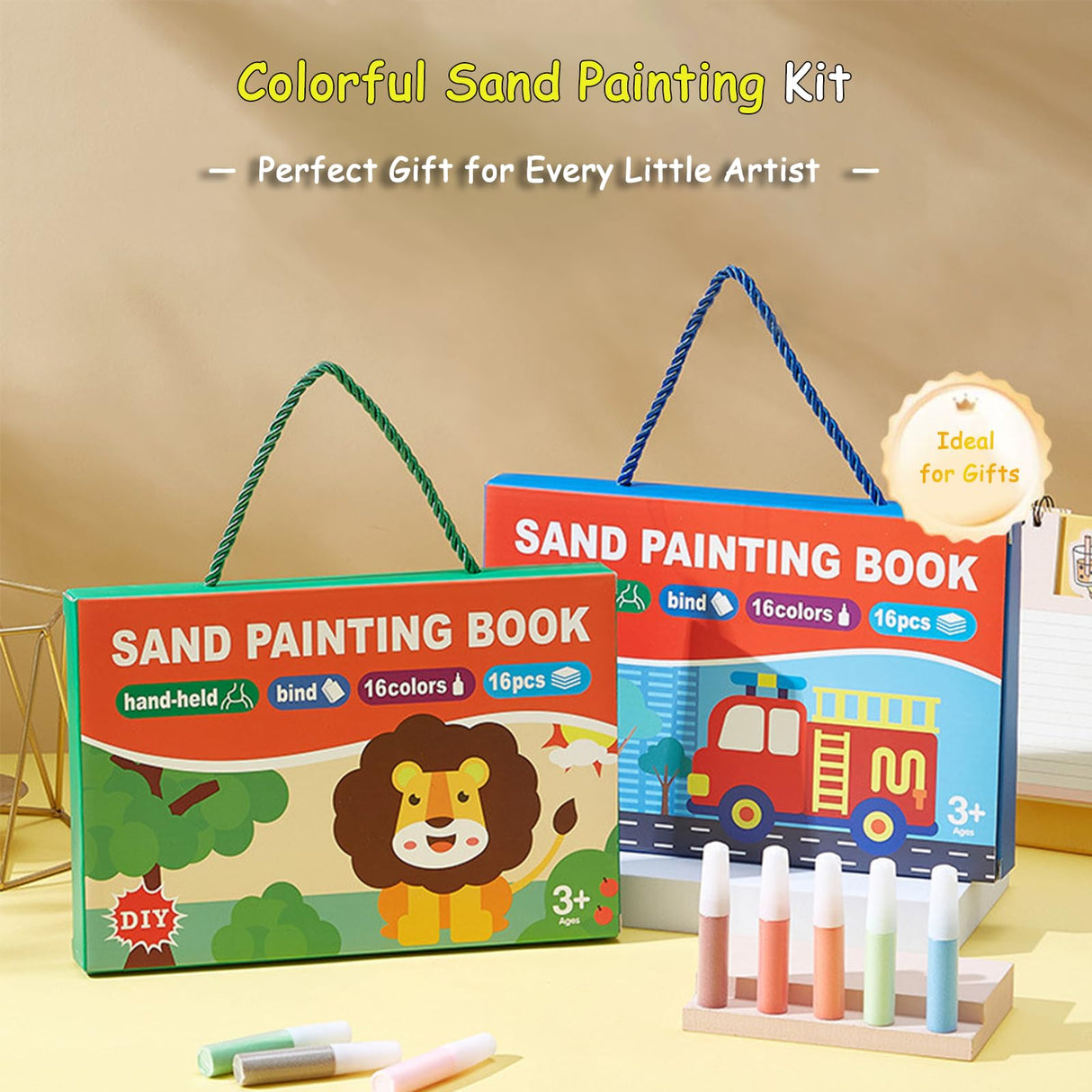 OTAOD 32 Pcs Sand Art Kits for Kids, 16 Color Art Sand kit Scenic Sand with 16 Sheets Animal Sand Art Painting Cards, DIY Crafts Set for Girls and Boys, Arts and Crafts for Kids Ages 6-12 OTAOD