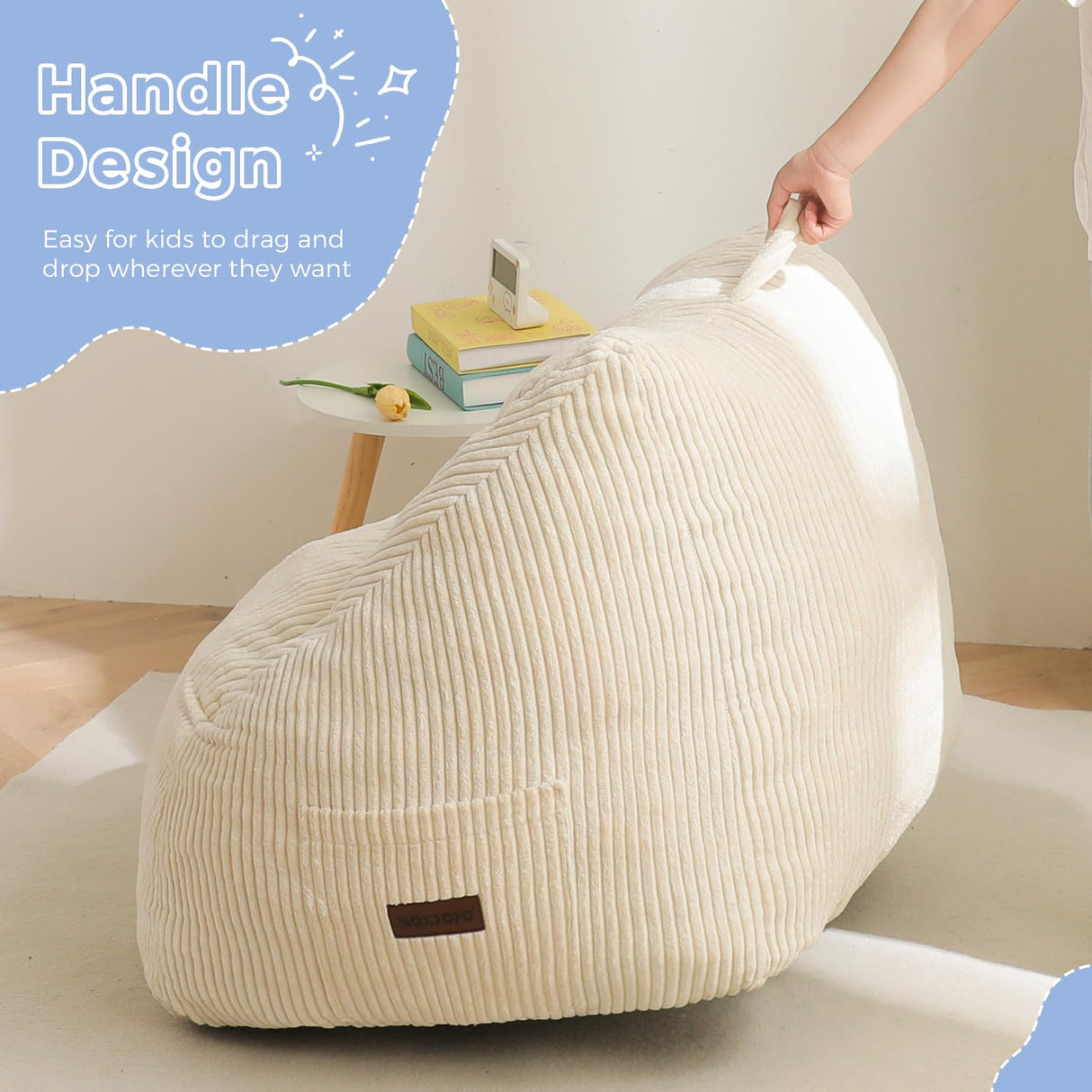 MAXYOYO Kids Bean Bag Chair, Bean Bag Couch with Handle, Comfy Toddler Chair for Boys and Girls, Accent Sofa Chair with Pocket for Gaming Reading Relaxing, Beige MAXYOYO