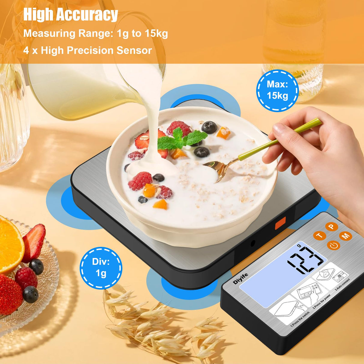 Rechargeable Split Food Scale, Diyife 33lb Digital Kitchen Scales with Split Display, 1g/0.1oz High Accurate, Food-Grade 304 Stainless Steel, 7 Units, Backlit LCD, for Cooking, Baking, Meal Prep Diyife