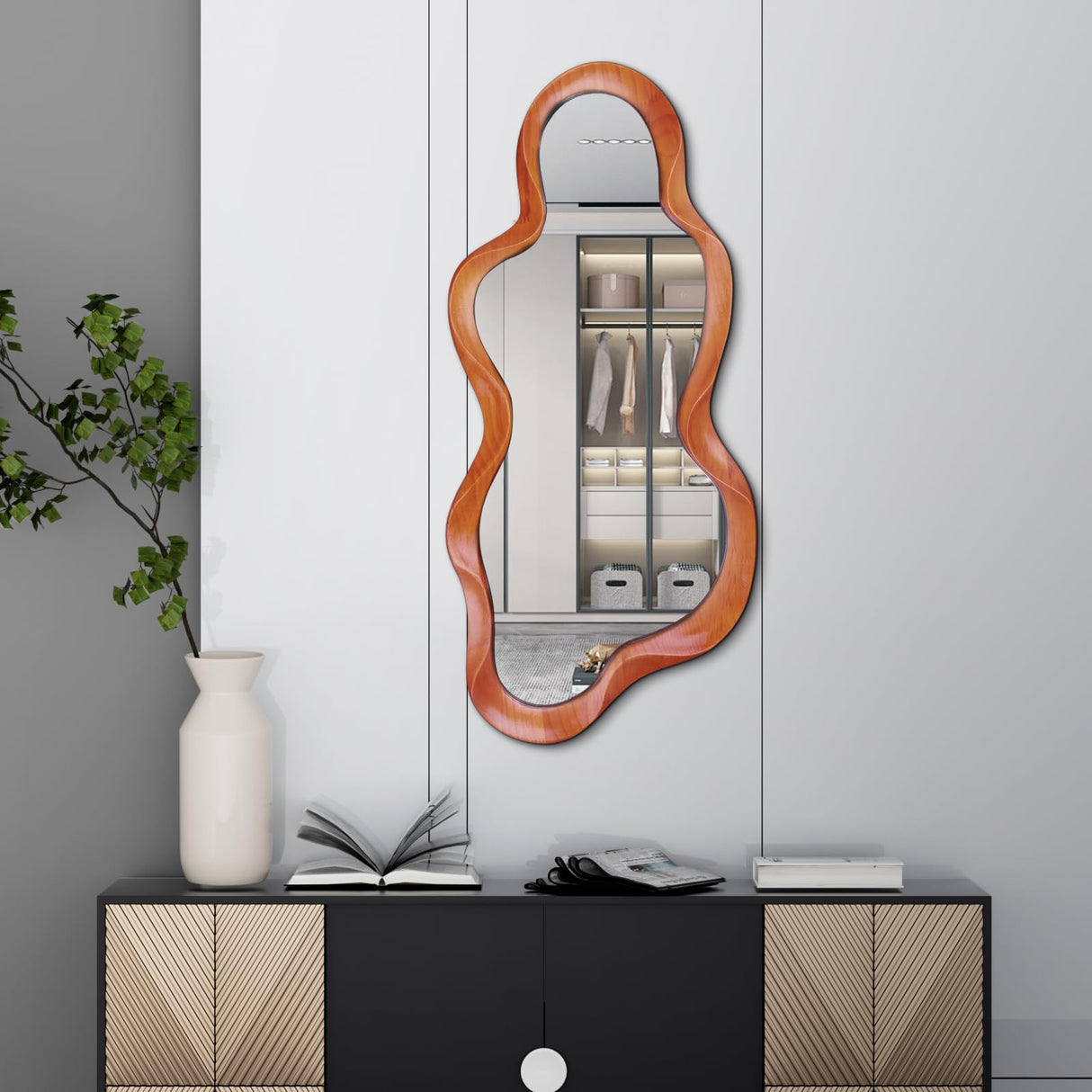 osemy 48"x 22" Irregular Wall Mirror, Walnut Wood Framed Wall Mirror, Asymmetrical Wall Wavy Mirror for Living Room Bedroom Entryway Bathroom Modern Decorative Mirror with Hanging Hooks osemy