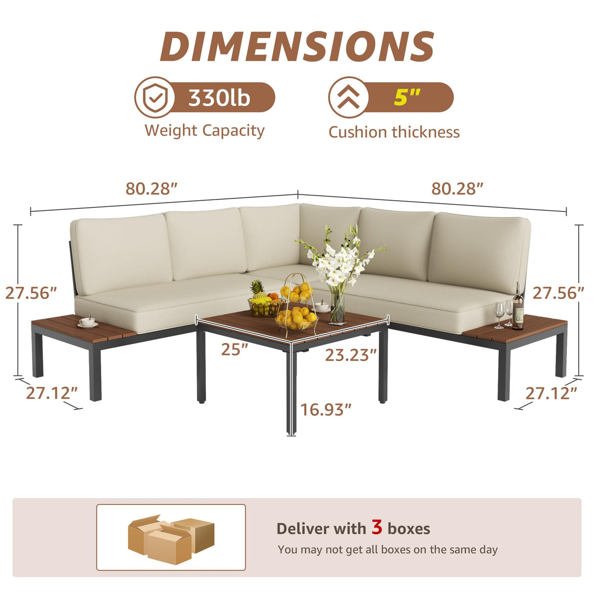 NATURAL EXPRESSIONS Patio Furniture Sets, Metal Outdoor Sectional L Shape Corner Sofa Outdoor Couch with Detachable Backrest,3 Fauxwood Tables,Black Frame,Beige Olefin Cushions for Yard,Garden NATURAL EXPRESSIONS