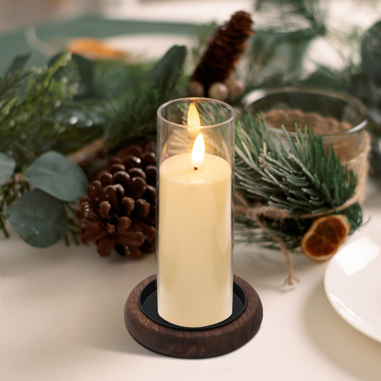 Hatway Wood Candle Holder Farmhouse Decor Wooden Pillar Candles Tray for Table Centerpiece Small Decorative Tray Riser Round Wooden Plate Pedestal Stand for Coffee Table for Christmas Decor Mu-2 Hatway