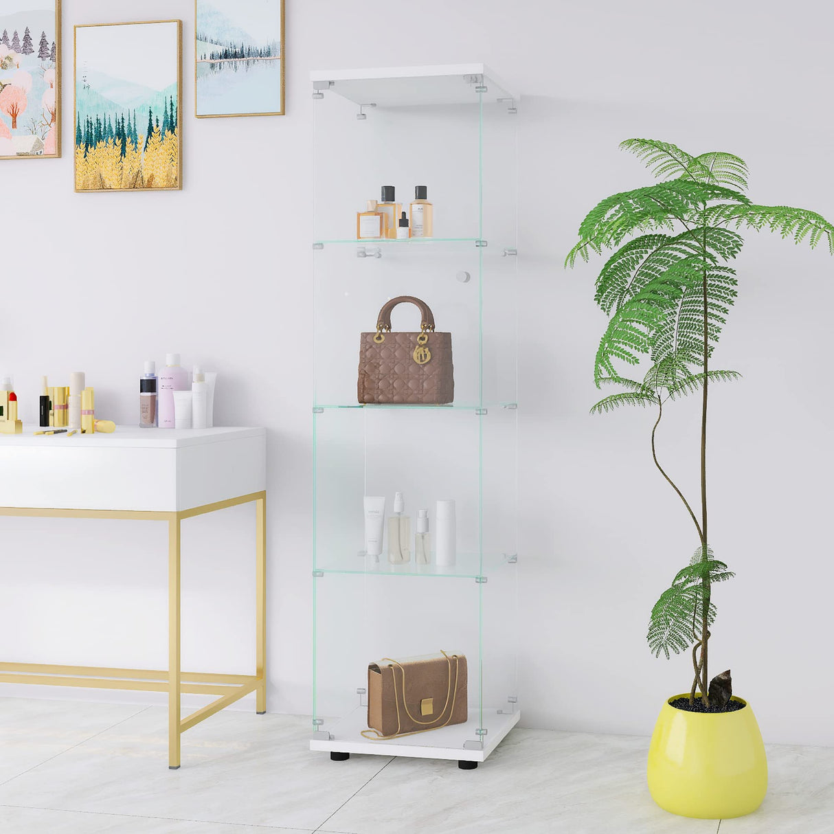 CISURCPI 4-Shelf Glass Display Cabinet with Door and Lock, Upgraded Quick-Install Style Curio Cabinets 5mm Tempered Glass Floor Standing Bookshelf for Bedroom, Living Room 64.7”x 16.7”x 14.3” White CISURCPI