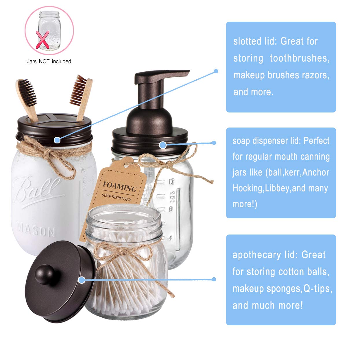 Komashr Mason Jar Bathroom Accessories Set(4pcs)- Jars Not Included - Foaming Soap Dispenser,Toothbrush Holder, and Apothecary Storage Jars Lids -Rustic Farmhouse Decor,Brown Komashr