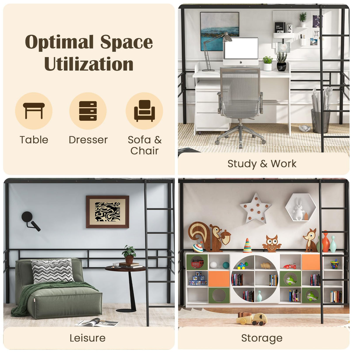 Giantex Twin Size Loft Bed, Metal Loft Bed Frame with Ladder & Safety Guardrail, Space-Saving with Ample Space Underneath, for Teens Junior and Adults, No Box Spring Need, Black Giantex
