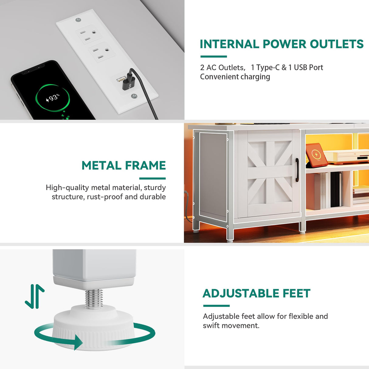 YITAHOME TV Stand with LED Lights & Charging Station, Farmhouse Entertainment Center with Storage Cabinets & Shelves, Cross-Pattern Doors, Fits TVs up to 70'', TV Consoles for Living Room, White YITAHOME