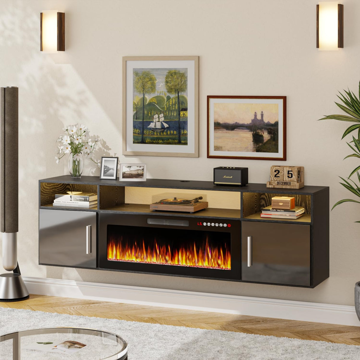 TAVATA 70" Floating TV Stand with 36" Electric Fireplace - Wall Mounted Entertainment Center with LED Lights & Storage Cabinet, Modern Media Console for Living Room, Supports TVs up to 80" (Black) TAVATA