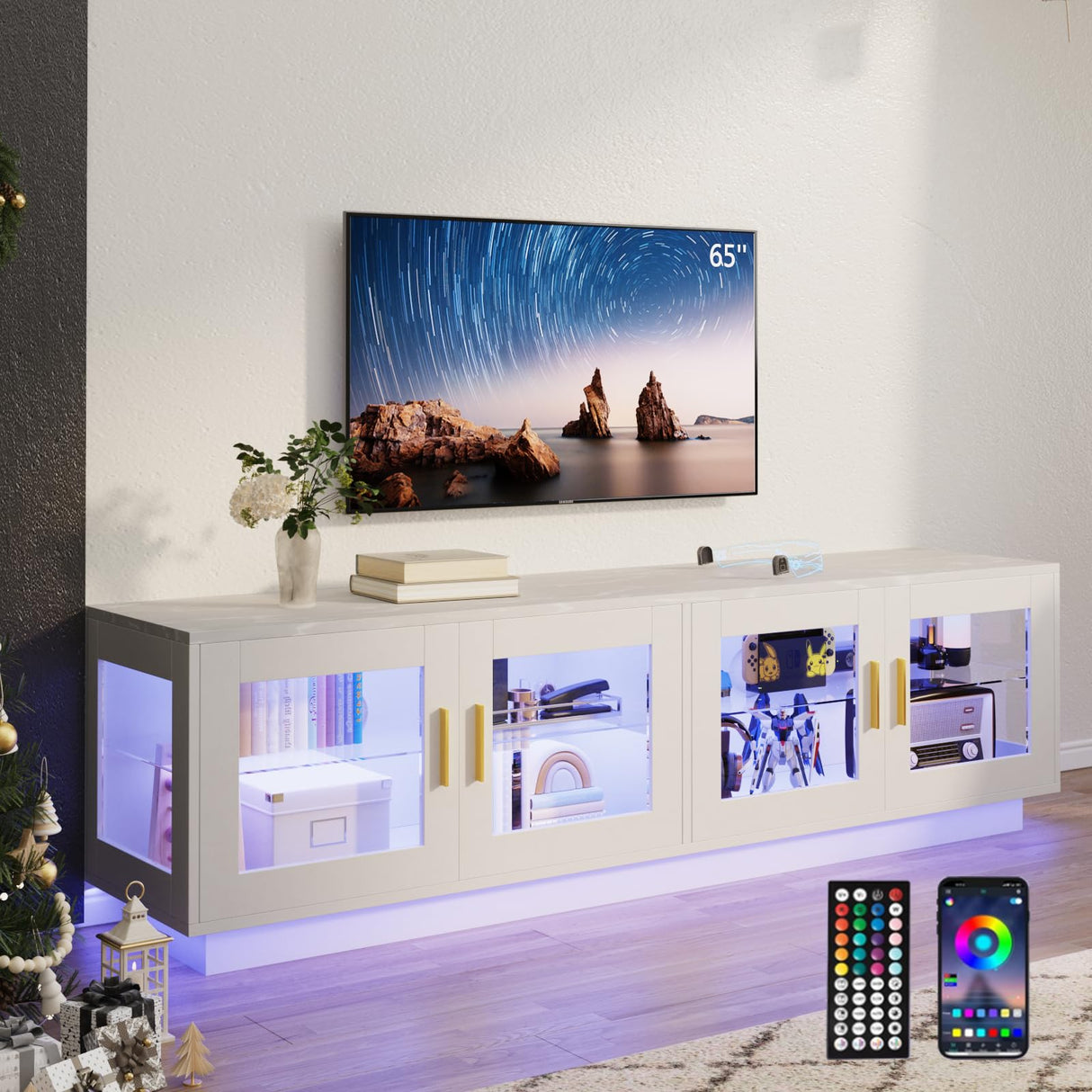 71 Inch TV Stand Modern Entertainment Center with LED Light, Glass Doors and Adjustable Storage Shelves Media Console TV Cabinet for Living Room Bedroom-White wonline