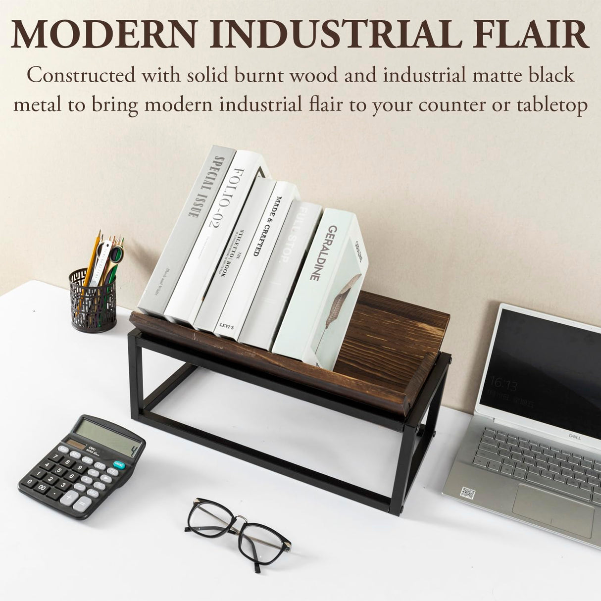 MyGift Tabletop Book Holder Rack with Industrial Black Metal Frame, Rustic Burnt Solid Wood Desktop Tilted Bookcase Reading Book Storage Organizer MyGift