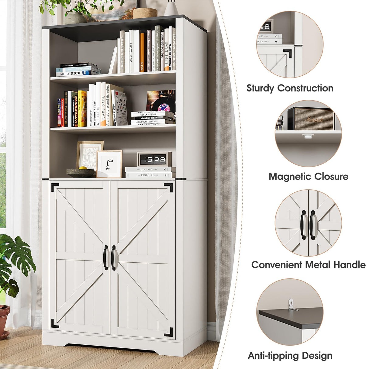 Maupvit 67" White Tall Bookshelf and Bookcase with Doors, 5-Tier Farmhouse Book Shelf with Storage Cabinet, Open Display Shelves, Wood Large Book Storage Cabinet for Living Room, Study, Kitchen, Home Maupvit