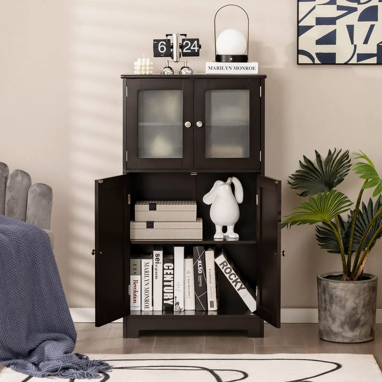 Tangkula Brown Freestanding Bathroom Floor Cabinet with Glass Doors and Adjustable Shelf Tangkula