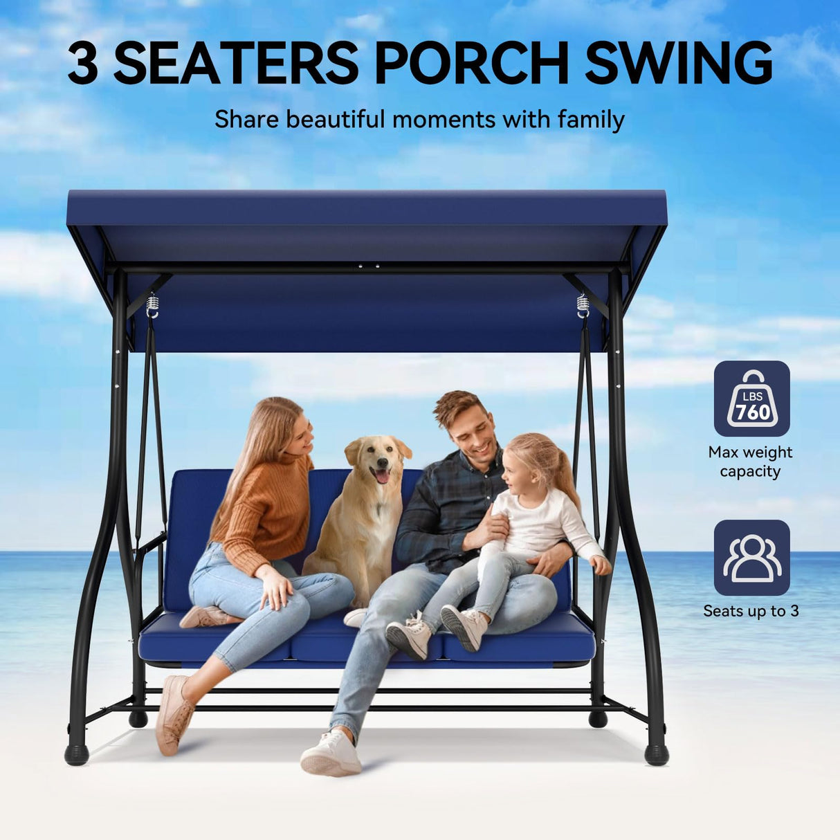 3-Seat Outdoor Patio Swing Chair with Adjustable Canopy Removable Cushion, Heavy Duty Porch Swing Glider for Patio, Backyard, Poolside, Balcony - Navy Blue FUNG YARD