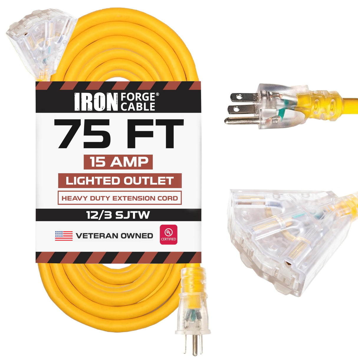 IRON FORGE CABLE 75 Foot Lighted Outdoor Extension Cord with 3 Electrical Power Outlets - 12/3 SJTW Heavy Duty Yellow Extension Cable with 3 Prong Grounded Plug for Safety, 15 AMP Iron Forge Cable